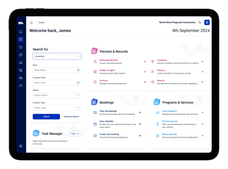 Dashboard interface of the Byond cemetery management system, showcasing various features such as Persons & Records, Bookings, Programs & Services, and Task Manager. The screen includes options for searching locations, viewing deceased records, managing invoices, and organizing care programs. Display shows a personalized greeting for the user 'James' and the date, '8th September 2024.